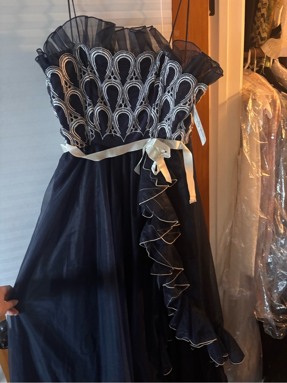 Vintage Ruffle Tulle Party Dress with Ivory Ribbon